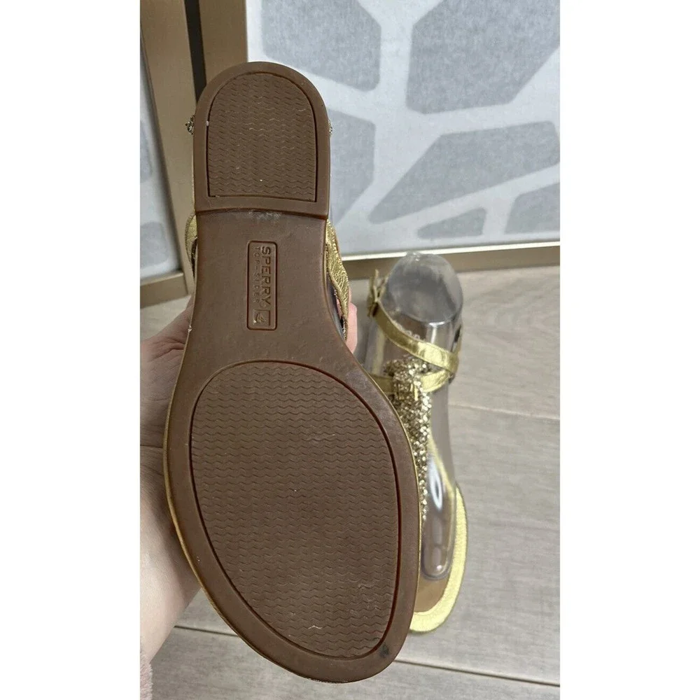 Sperry Top-Sider Women Summerlin Glitter T-Strap Sandals Gold Leather Flat 7 M